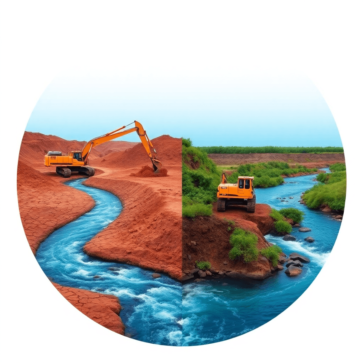 Mining excavators near a river with cracked dry earth on one side and flowing water with green plants on the other, showing environmental impact an...