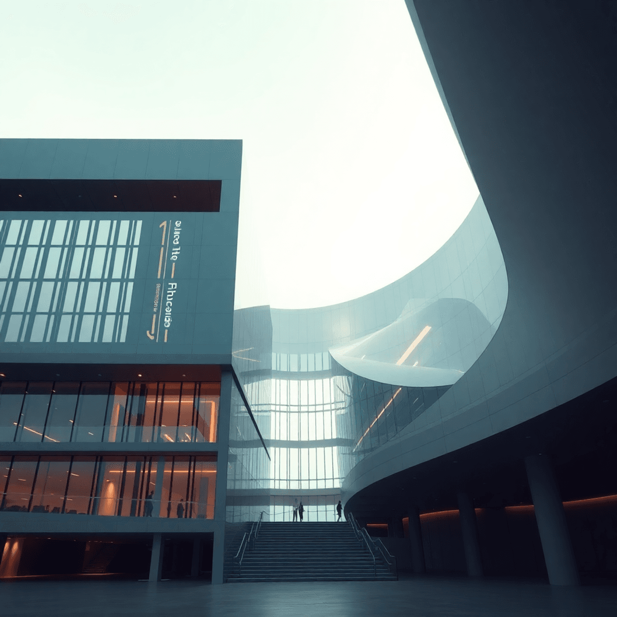 Modern architectural structure with abstract shapes and soft lighting, symbolizing creativity and innovation in engineering, finance, and art.