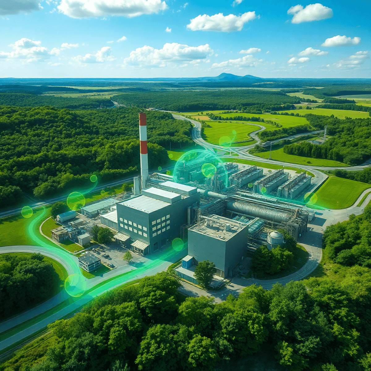 Modern steel factory amidst green fields with glowing energy flows under clear skies, symbolizing eco-friendly and sustainable steel production.