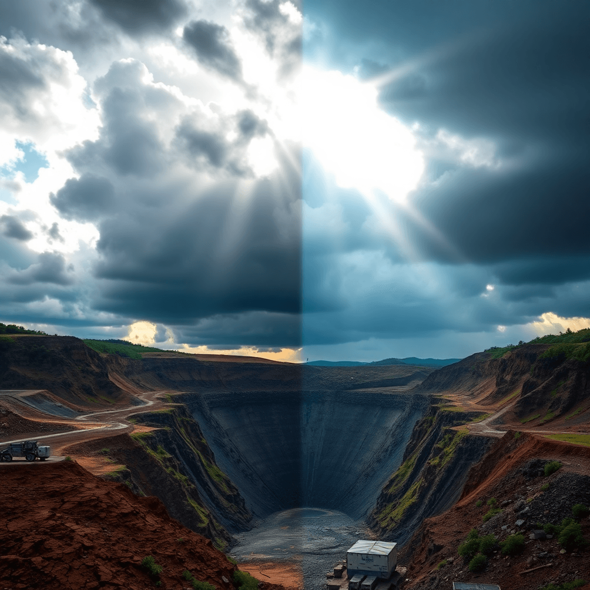 Open-pit mine under stormy sky with sunlight breaking through, showing mining equipment, cracked earth blending into green landscape symbolizing cl...