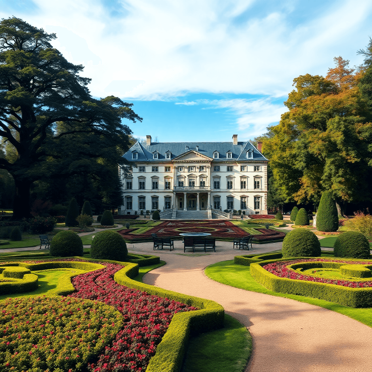 Photograph of a grand classical estate surrounded by vibrant gardens, ancient trees, and winding pathways under a calm sky, reflecting timeless her...