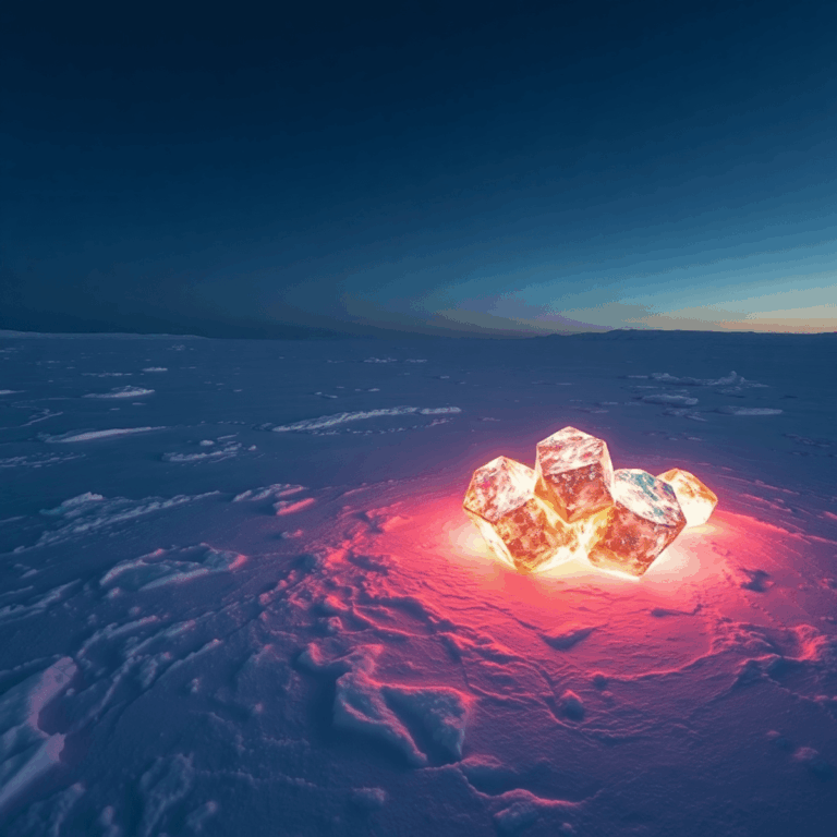 Photograph of a vast icy Arctic landscape under clear sky, with colorful glowing crystals beneath the ice symbolizing mineral deposits.