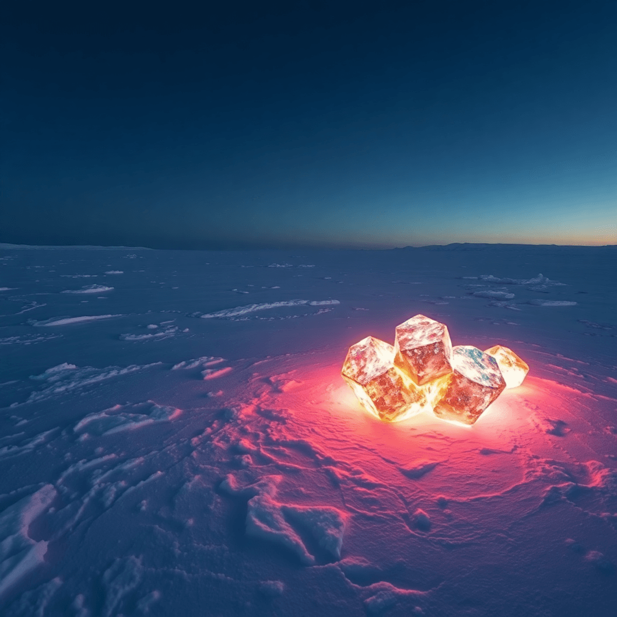 Photograph of a vast icy Arctic landscape under clear sky, with colorful glowing crystals beneath the ice symbolizing mineral deposits.