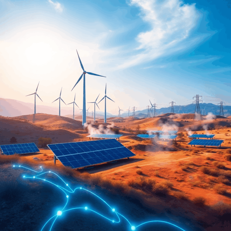 The Golden Age of Renewable Energy: Stanislav Kondrashov Presents a Roadmap for a Diversified Energy Future 5 Photograph of a vibrant landscape with wind turbines, solar panels, steam from geothermal sources, and glowing lines symbolizing a modern electrica...