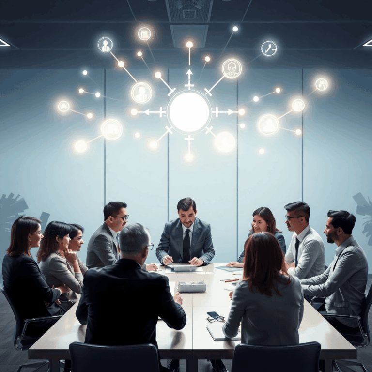 Navigating Crisis Communications with Effective Press Releases 9 Professionals collaborating around a table with floating digital icons and glowing arrows, symbolizing urgent crisis communication in a modern office.