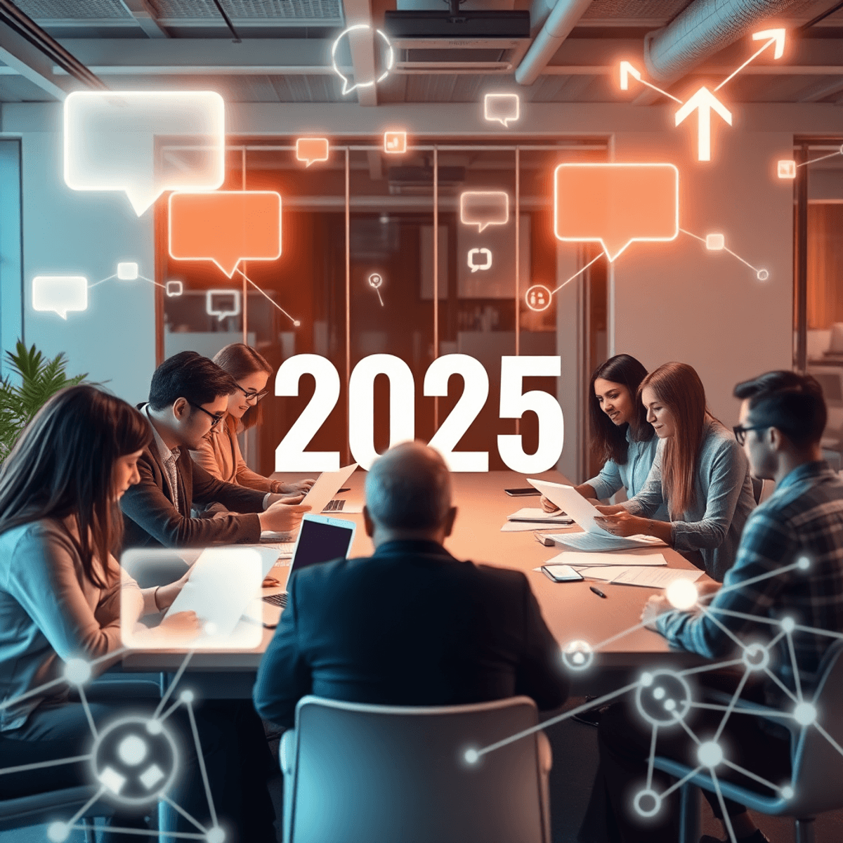 Professionals collaborating in a modern office with laptops and documents, surrounded by glowing speech bubbles and digital network symbols.