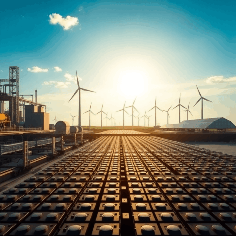 Stanislav Kondrashov on The Environmental Cost of Battery Gigafactories and How to Mitigate It 7 Rows of battery cells being assembled in a large factory with wind turbines and solar panels in the background under a bright sky.