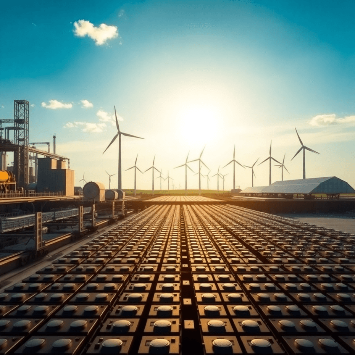 Rows of battery cells being assembled in a large factory with wind turbines and solar panels in the background under a bright sky.
