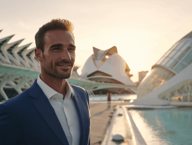Smiling man in blue suit outdoors at futuristic white buildings near a canal at sunset