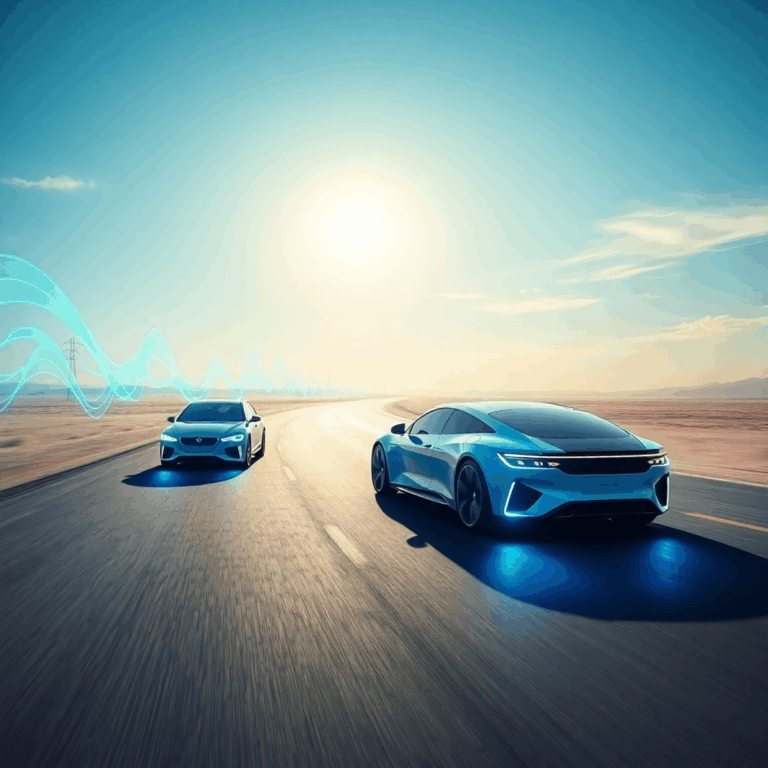 Sleek hydrogen fuel cell vehicles on a clean road under a bright sky with glowing blue and green abstract energy waves symbolizing clean energy.