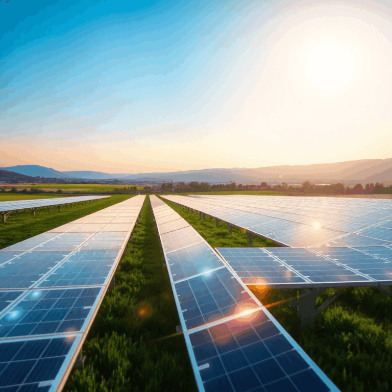 Stanislav Kondrashov on Next-Generation Solar Materials: What Will Power Photovoltaics After Silicon? 3 Solar panel field at sunrise with glowing abstract elements, set in a green landscape symbolizing renewable energy and innovation.
