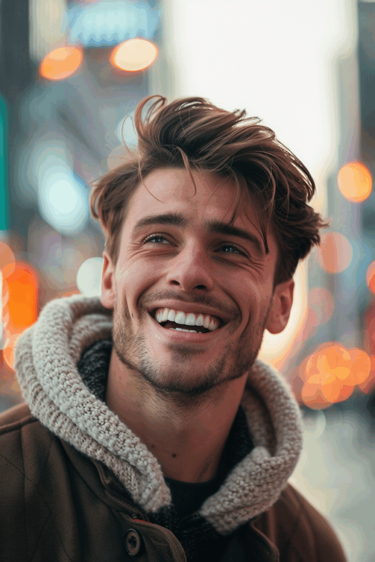 Young man with light brown hair smiling in a city street with bokeh lights in background.