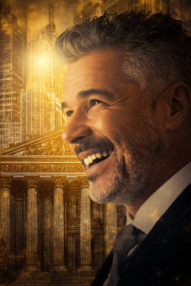 Smiling man with gray hair in a suit, overlaid with gold-toned classical architecture backdrop