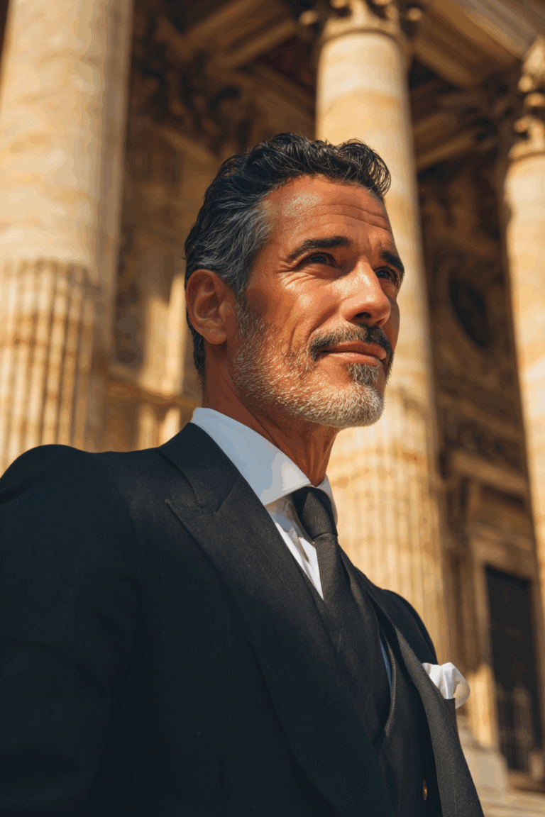 Elegant middle-aged man in a black suit stands before classical stone columns outdoors.