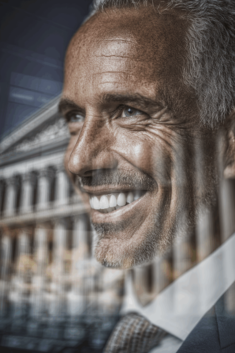 Close-up of smiling older man with gray hair and a double-exposure city background.