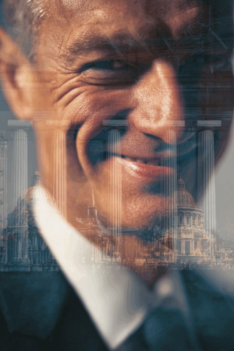 Close-up of a smiling man's face blended with architectural columns and domes.