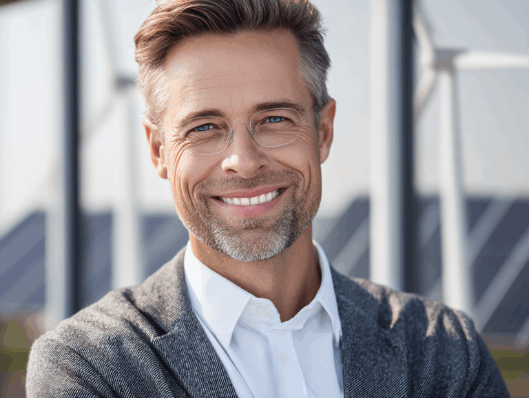 Smiling middle-aged man with glasses in a white shirt and gray blazer outdoors.