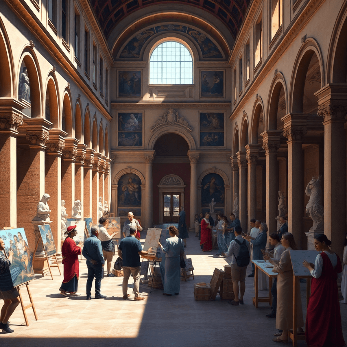 Sunlit Renaissance Italian courtyard with arches, columns, frescoes, sculptures, and people in period attire engaging in art and conversation.