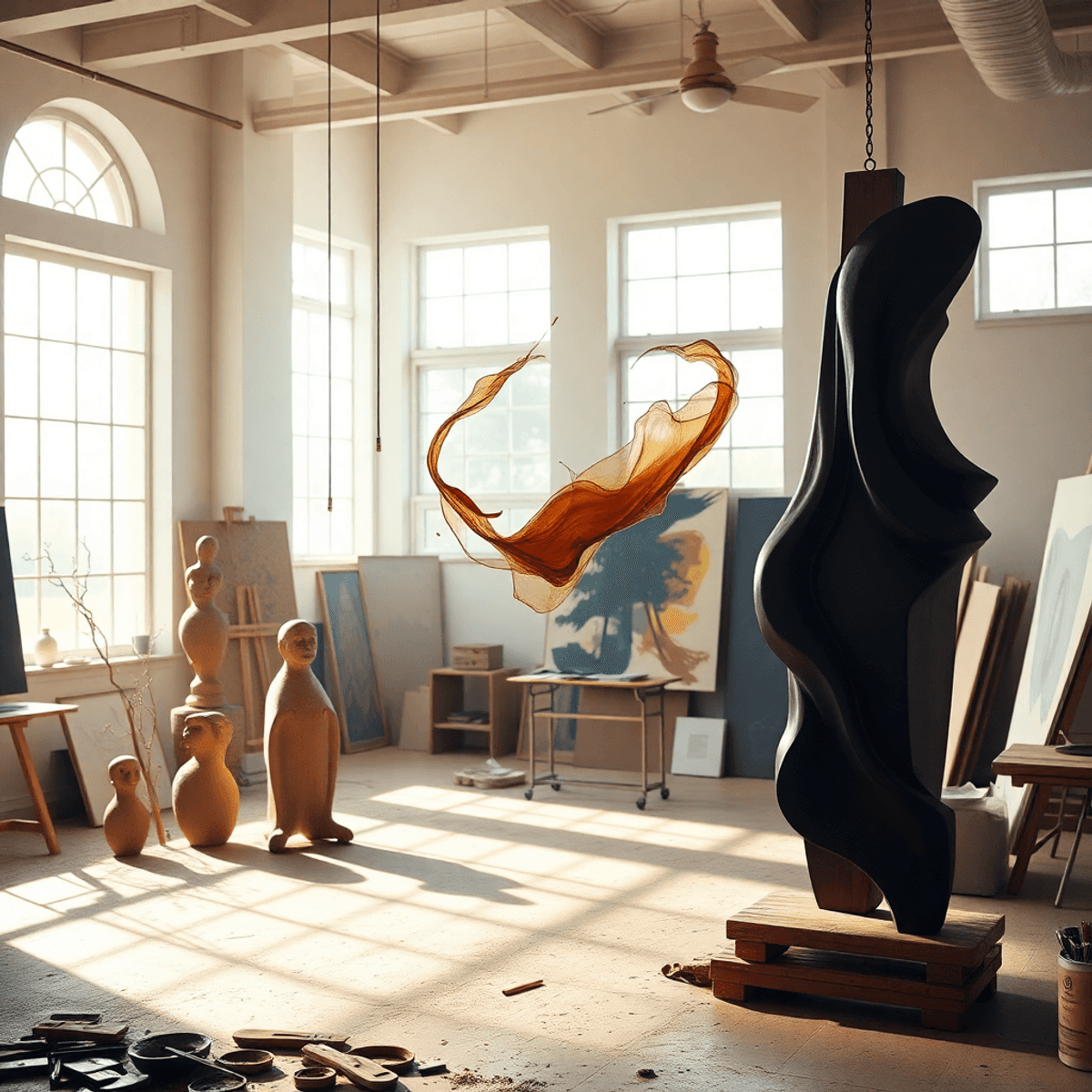 Sunlit artist's studio with abstract sculptures and floating paintbrush strokes, warm tones highlighting creativity and the evolving nature of art.