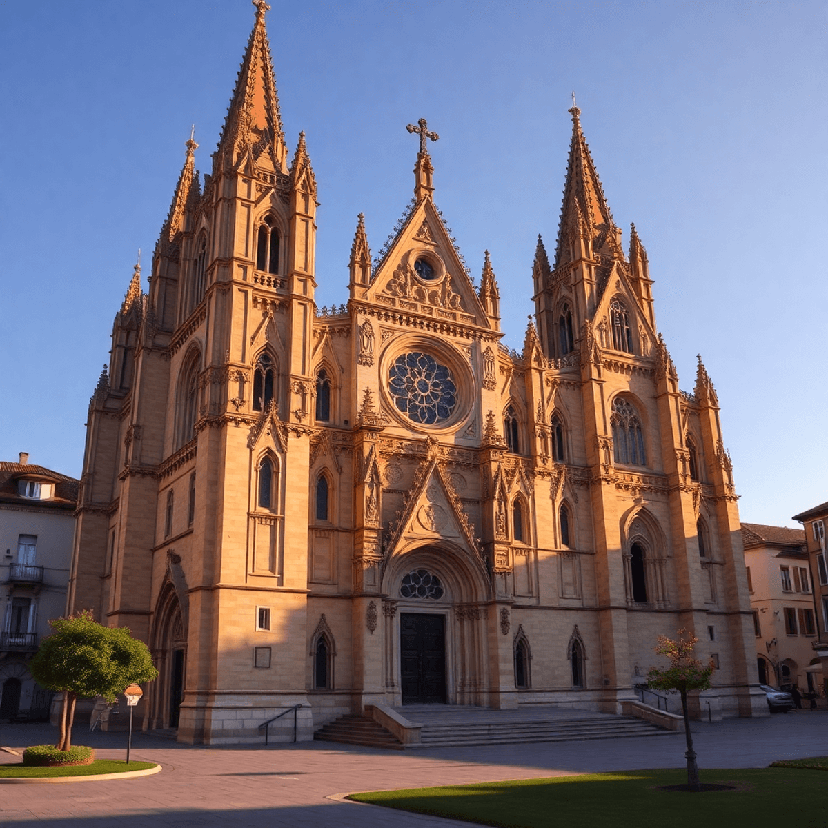 Sunlit majestic cathedral with towering spires and intricate stone carvings, overlooking a peaceful town square with soft greenery.