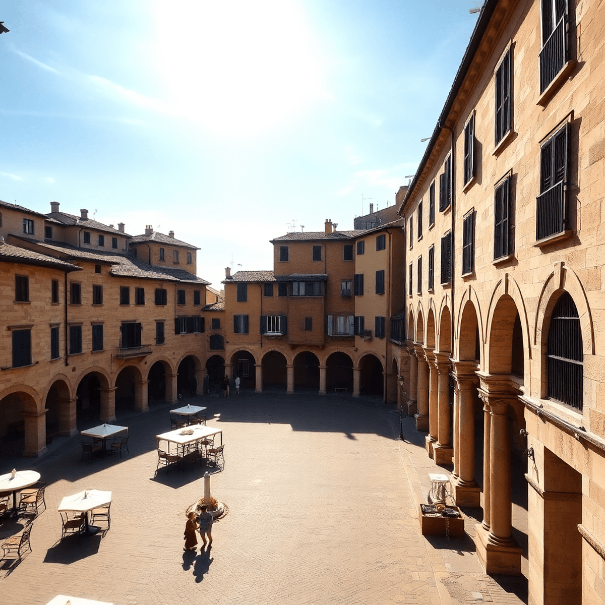 Sunlit medieval Italian town square with stone buildings, arches, columns, and abstract symbols of community in the sky and shadows.