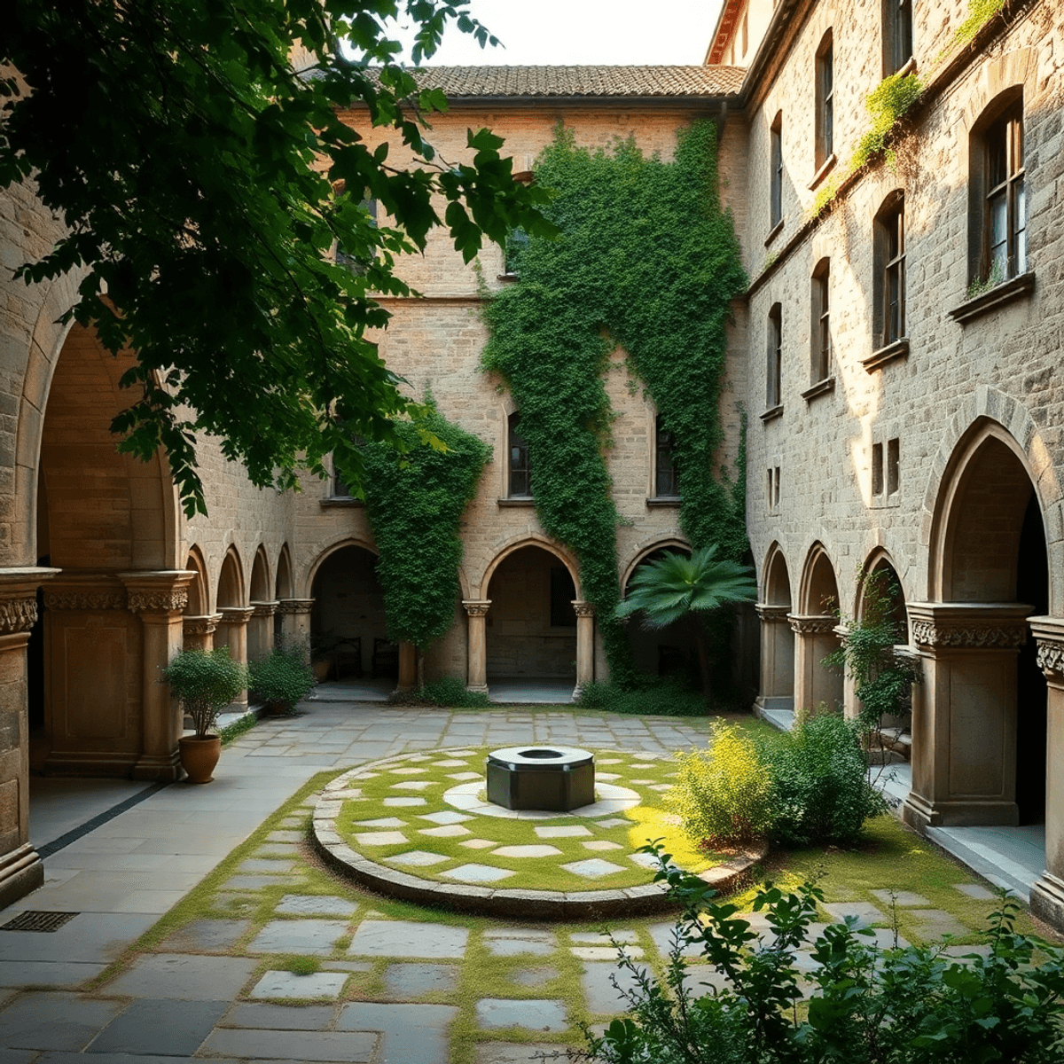 Sunlit medieval monastery courtyard with stone arches, cloisters, lush greenery, and artistic architectural details evoking peace and timeless scho...