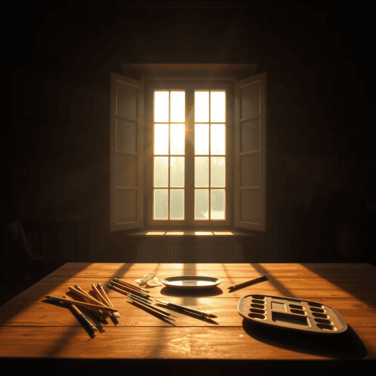 Sunlit wooden table with paintbrushes and palette, bathed in warm golden light through a large window, evoking a calm, artistic atmosphere.