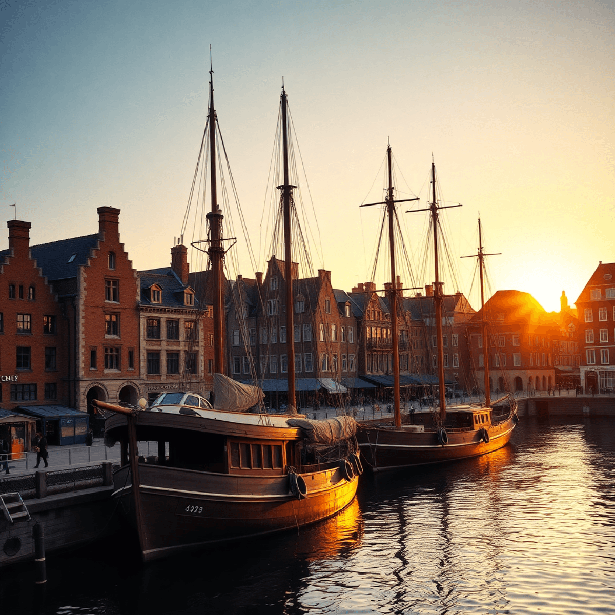 Sunset at a vibrant harbor with Gothic brick buildings and traditional wooden sailing ships docked along the waterfront, bathed in warm golden light.