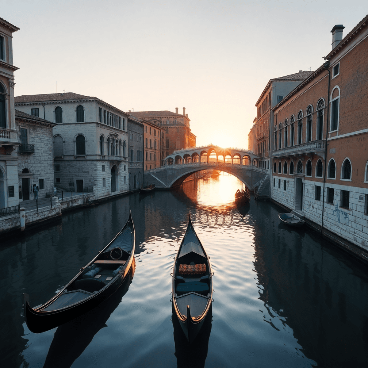 Sunset over a Venetian canal with historic stone buildings, arched bridges, and a gondola gliding on calm water reflecting warm golden light.