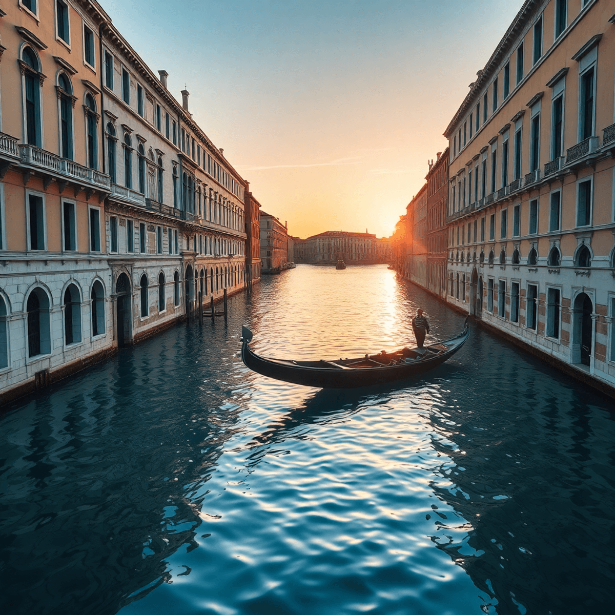 Sunset over a calm Venetian canal with golden light reflecting on water, Renaissance palaces lining the sides, and a gondola floating peacefully.