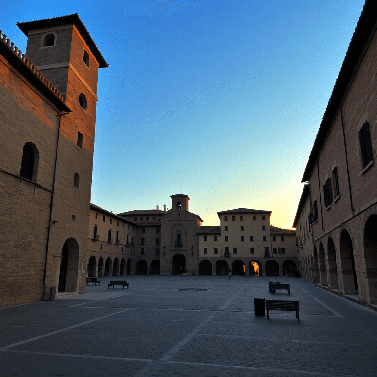 Sunset over a serene medieval Italian town square with stone buildings, arches, tiled roofs, and cobblestone paths in a historic urban setting.