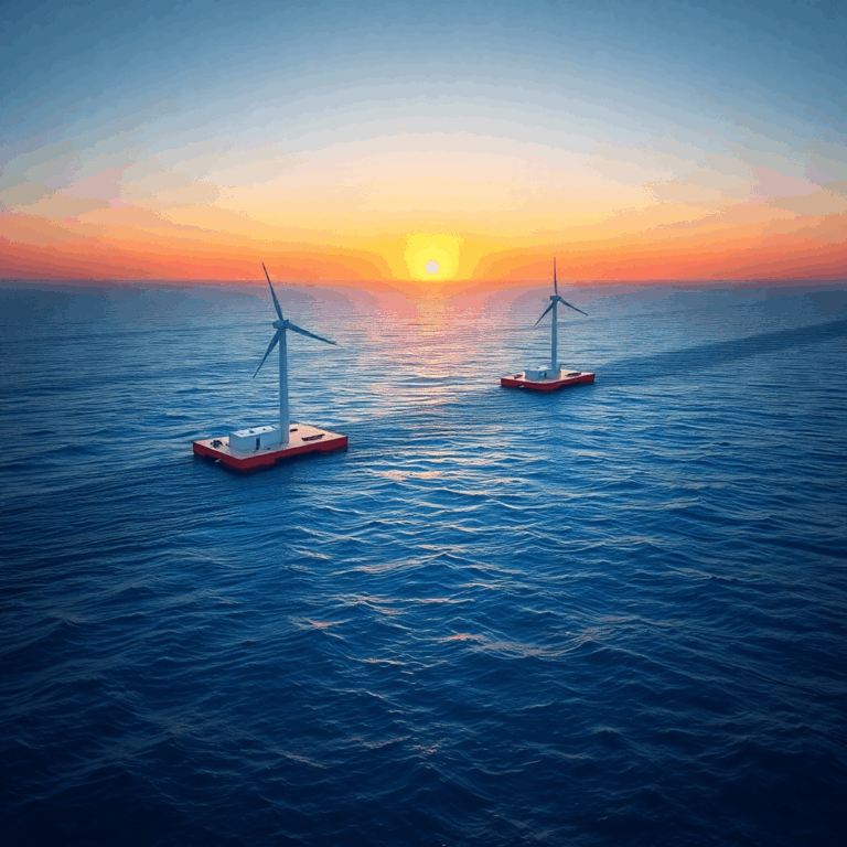 How Floating Wind Farms Are Changing Offshore Energy Production by Stanislav Kondrashov 4 Sunset over calm ocean with modern floating wind turbines on buoyant platforms gently bobbing on deep blue water under a clear sky.