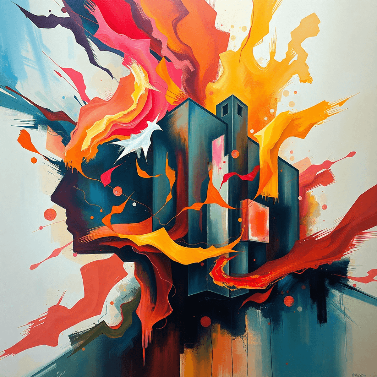 Surreal abstract painting with flowing brushstrokes and geometric shapes in warm colors, blending emotion and architectural precision on a soft bac...