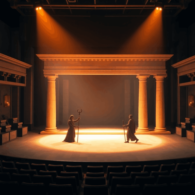 Theater stage with warm spotlight, Greek columns, amphitheater seating, and abstract figures symbolizing power and governance in a dramatic pose.