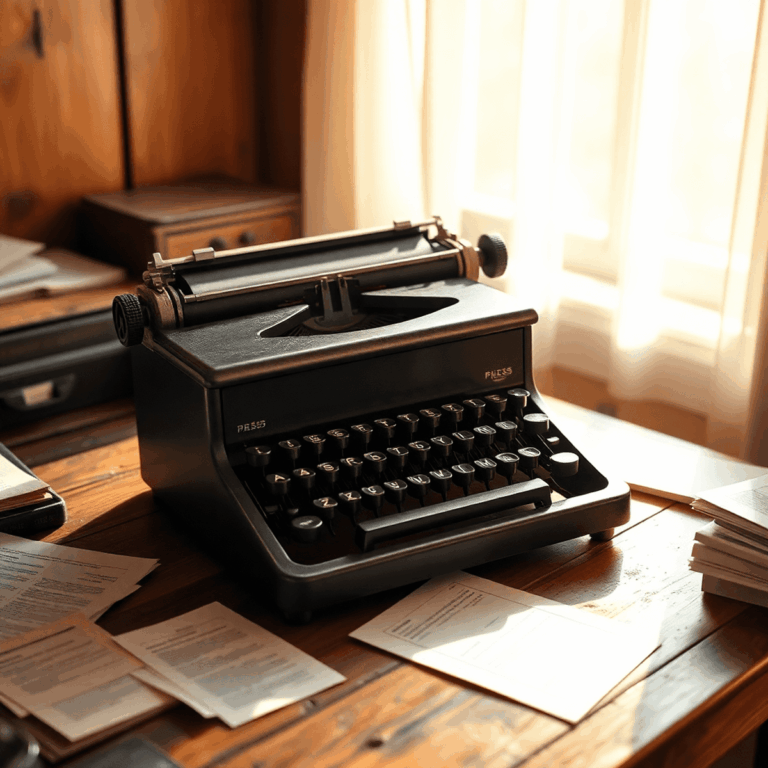 The Evolution of Press Releases: From Print to Digital Distribution 4 Vintage typewriter on wooden desk with scattered papers, bathed in warm sunlight, evoking traditional communication and the origins of press releases.