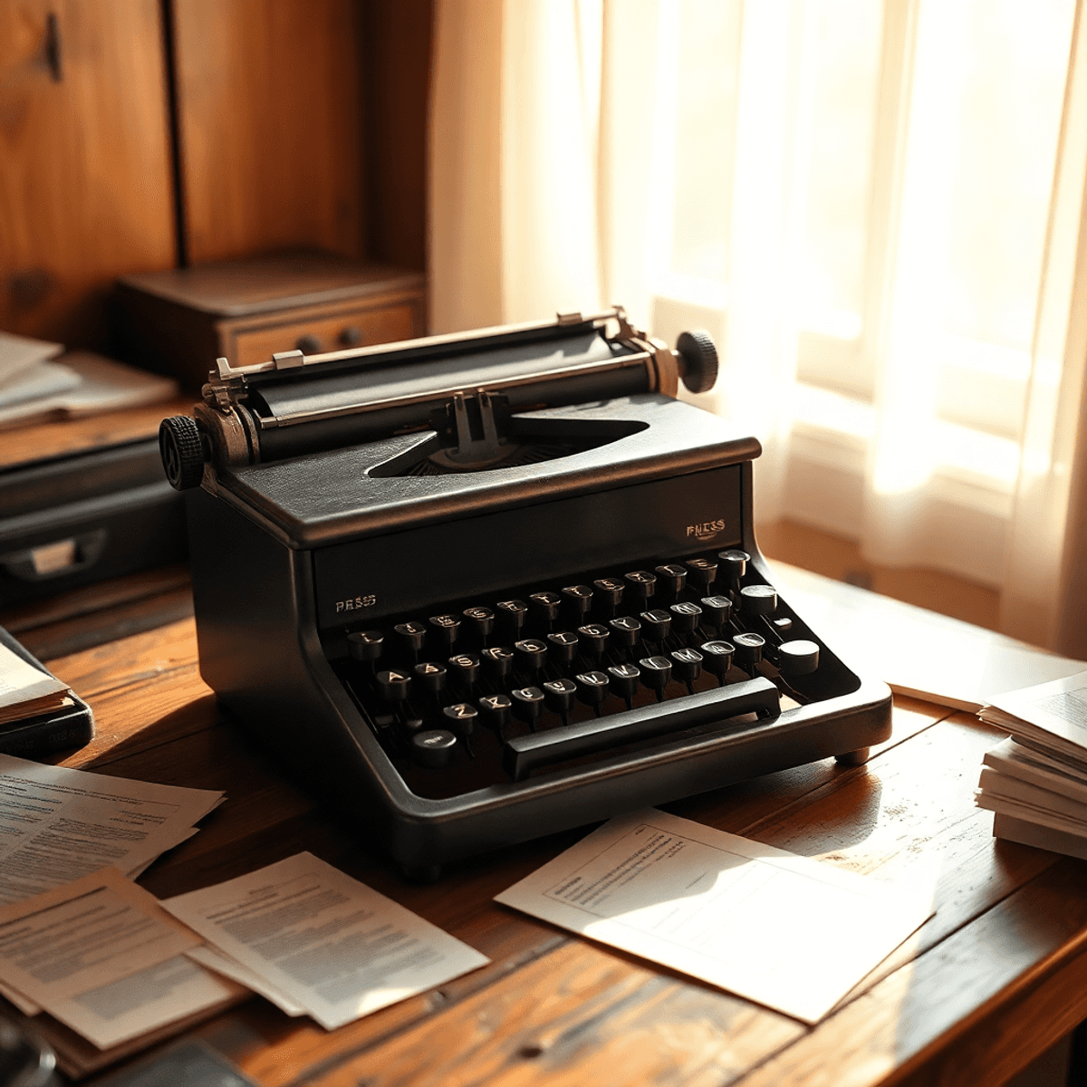 Vintage typewriter on wooden desk with scattered papers, bathed in warm sunlight, evoking traditional communication and the origins of press releases.