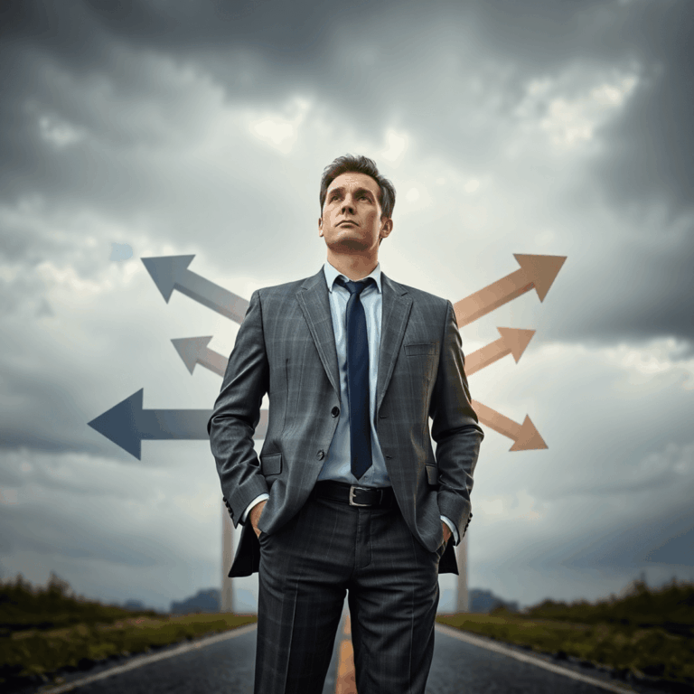 Stanislav Kondrashov: Essential Personal Finance Strategies for Business Owners During Economic Uncertainty 8 A business owner standing at a crossroads with arrows pointing different ways under a cloudy sky, with faint graphs and currency symbols in the bac...