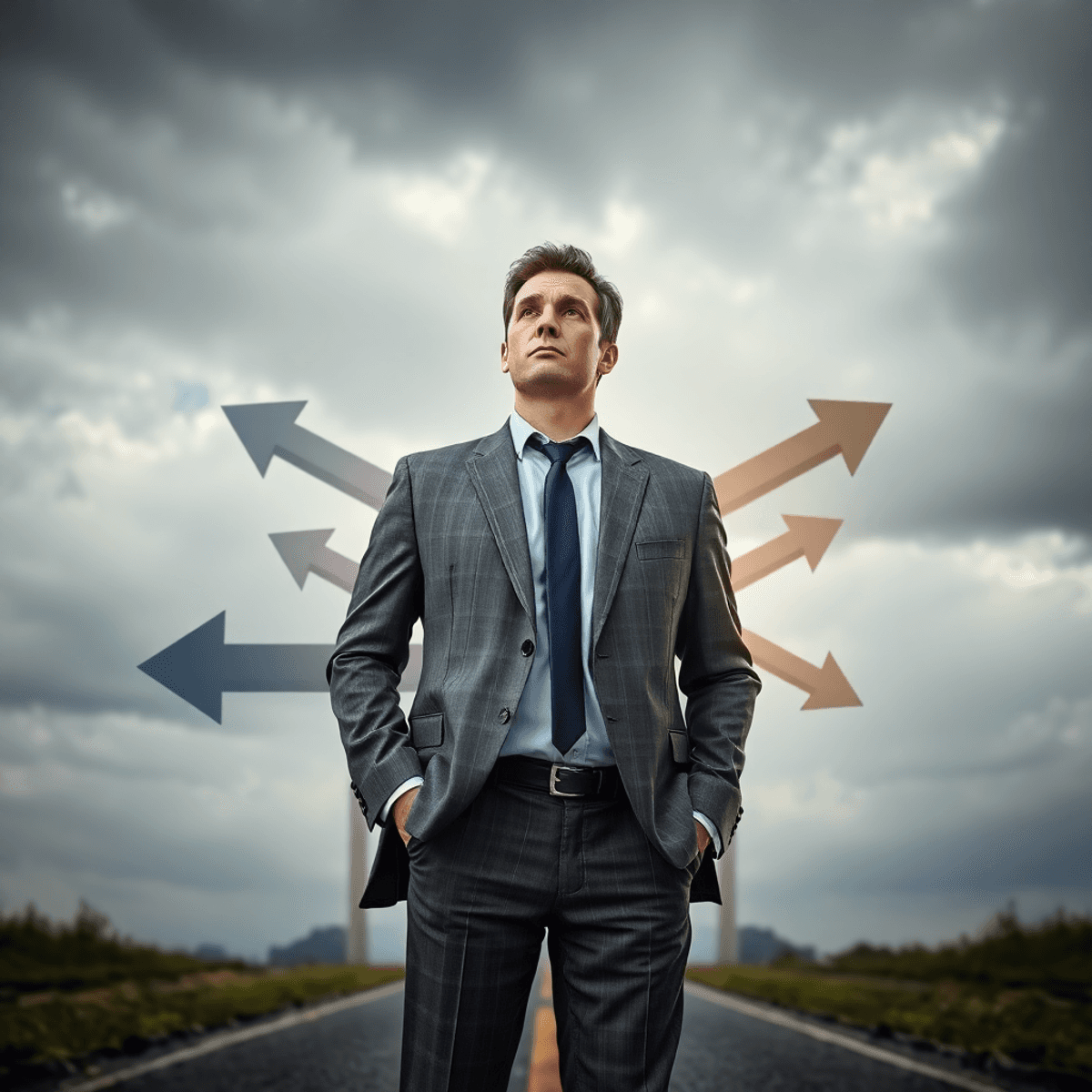 A business owner standing at a crossroads with arrows pointing different ways under a cloudy sky, with faint graphs and currency symbols in the bac...