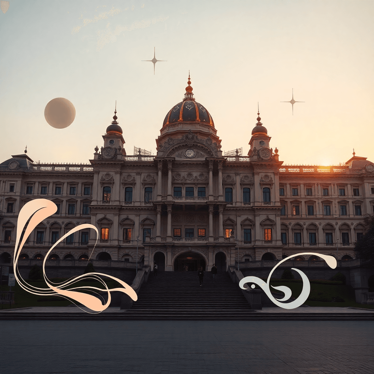 A grand palace at sunset with intricate details, surrounded by abstract flowing shapes and symbolic motifs blending heritage and creativity.
