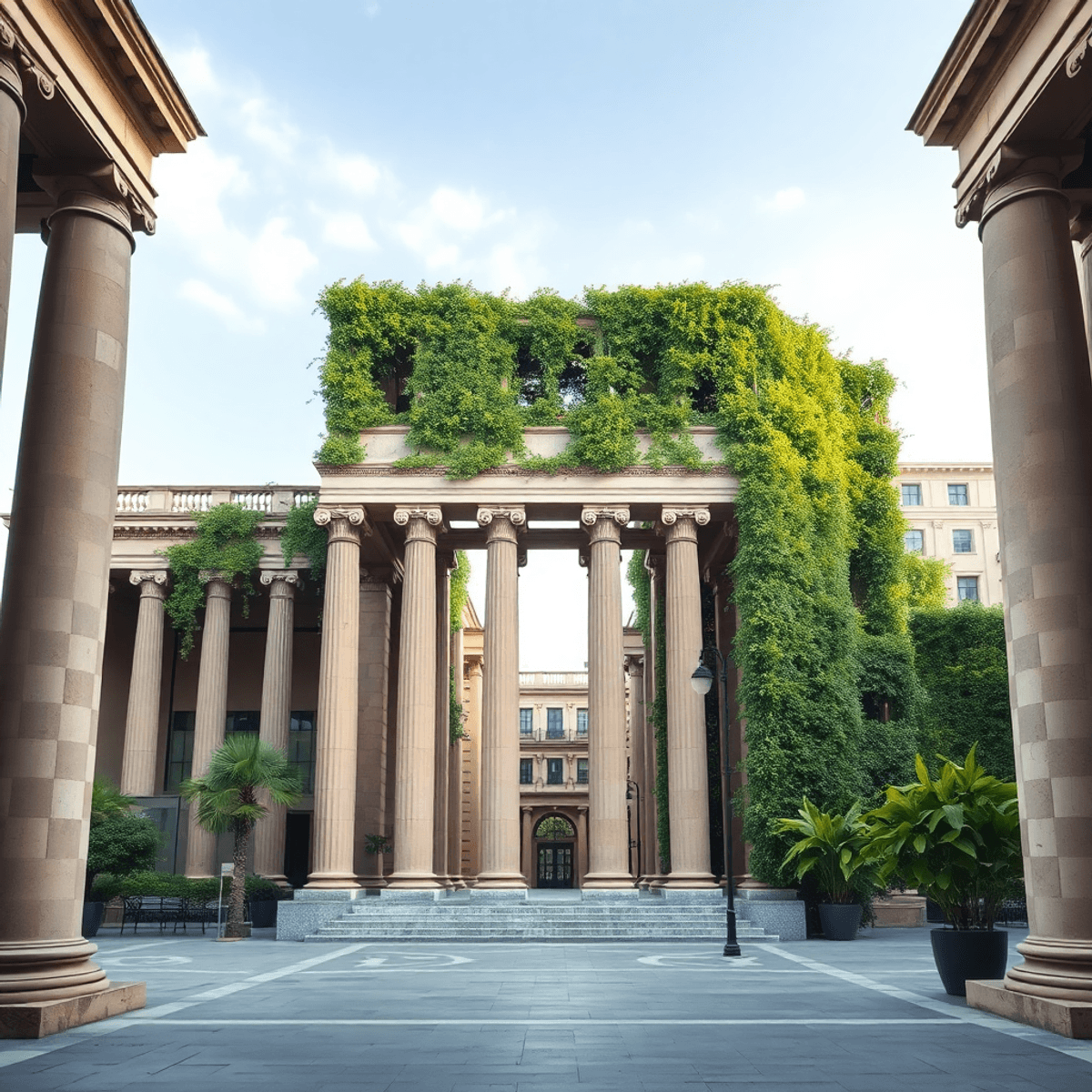 A harmonious urban scene featuring Greek columns, Roman arches, bamboo structures, and green walls under clear skies with soft natural light.