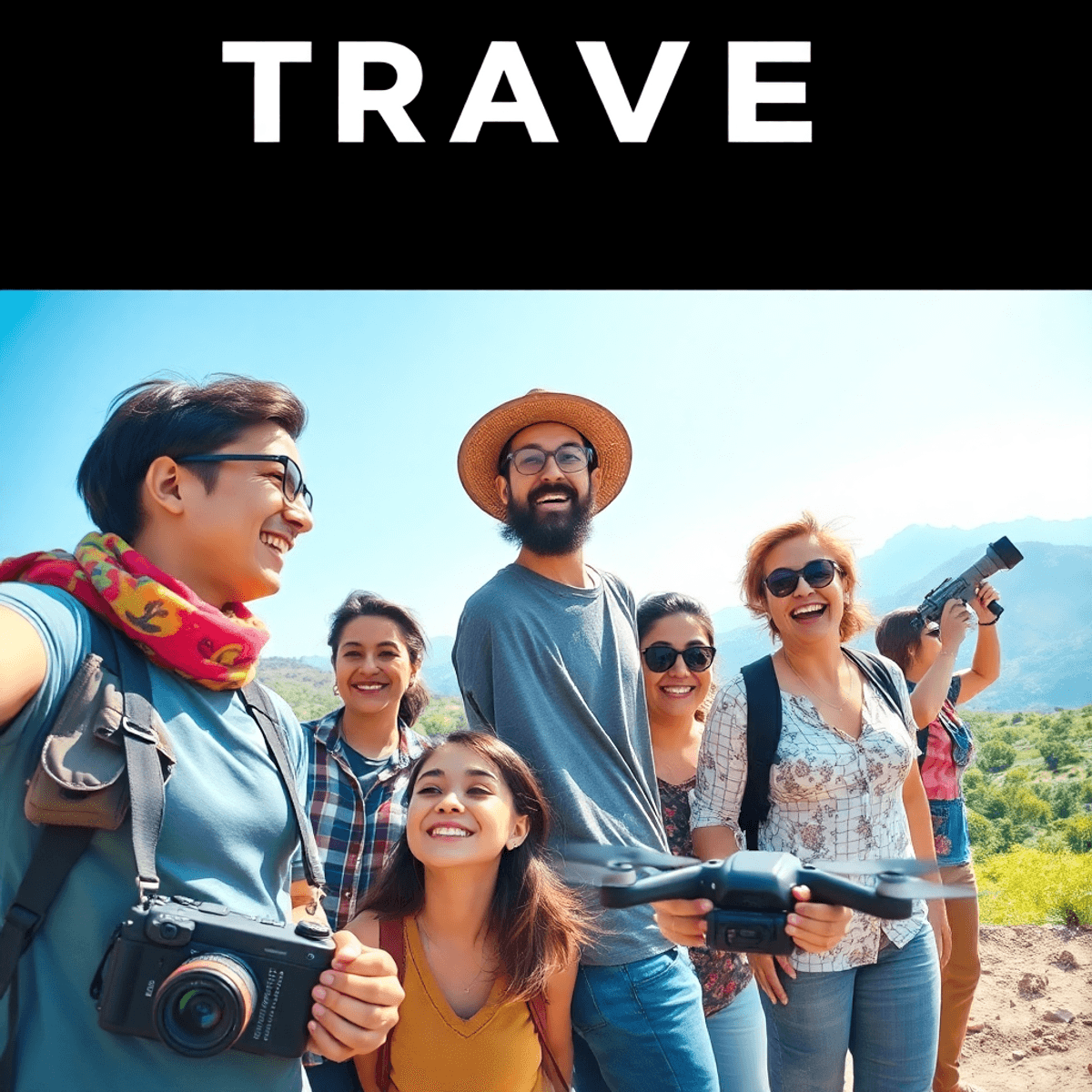 A lively outdoor scene of people enjoying travel with a camera, scenic landscapes, and aerial drone views capturing genuine moments.