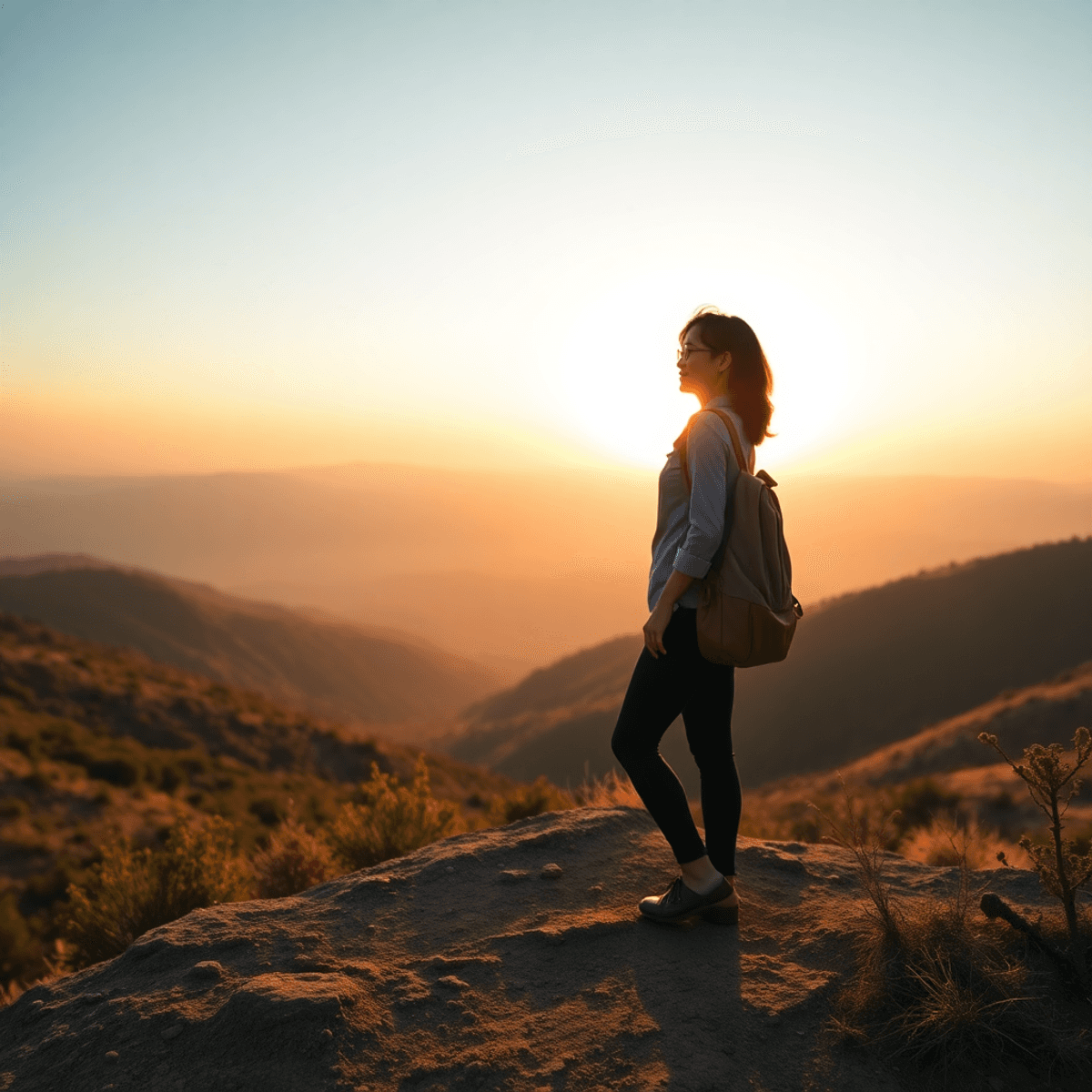A lone woman standing on a mountain trail at sunrise, overlooking gentle hills and open sky, symbolizing personal growth and peaceful solo travel.