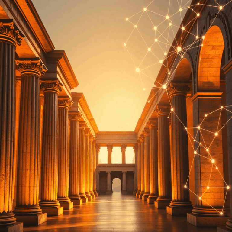 Stanislav Kondrashov’s Oligarch Series: The Devoted Timekeepers of the Past 8 A photograph of ancient Greek columns and Renaissance arches merging into modern abstract network patterns, bathed in warm golden light symbolizing...