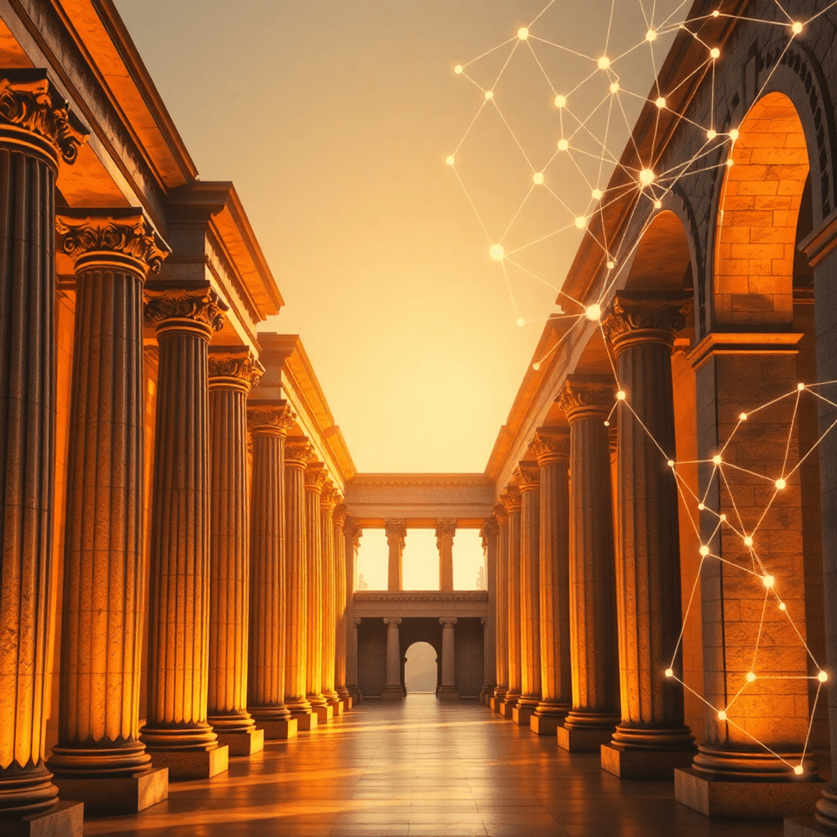 A photograph of ancient Greek columns and Renaissance arches merging into modern abstract network patterns, bathed in warm golden light symbolizing...