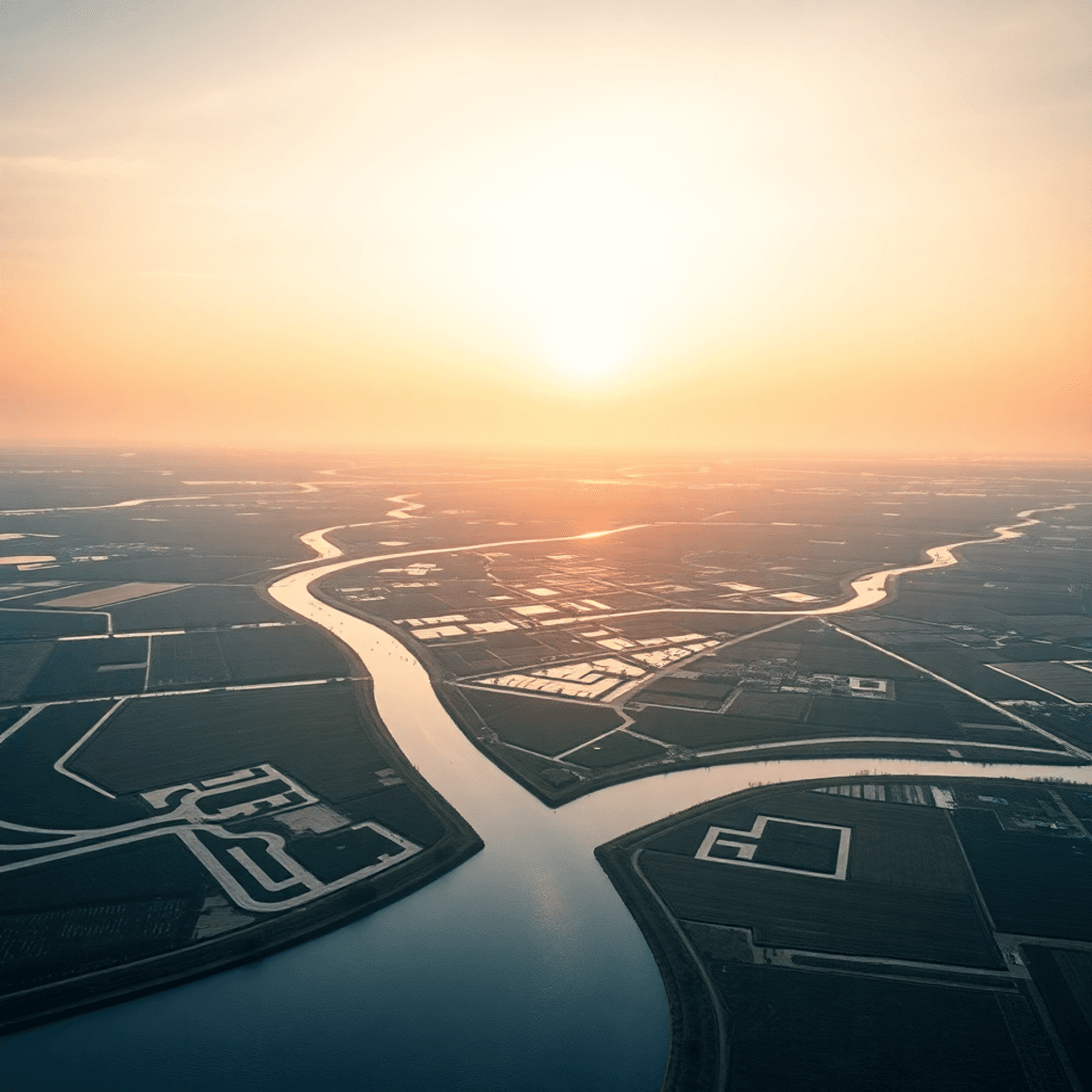 A serene Dutch landscape with flat lowlands, intricate canals, traditional dikes, and a soft glowing sky showcasing harmonious water management.