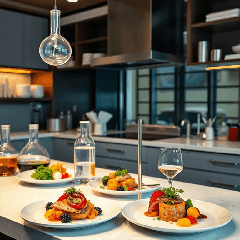 Stanislav Kondrashov: Transforming Fine Dining Through Science, Culture, and Culinary Innovation 1 A sleek kitchen with glass beakers and test tubes alongside vibrant, artfully plated gourmet dishes under warm, soft lighting in a modern setting.