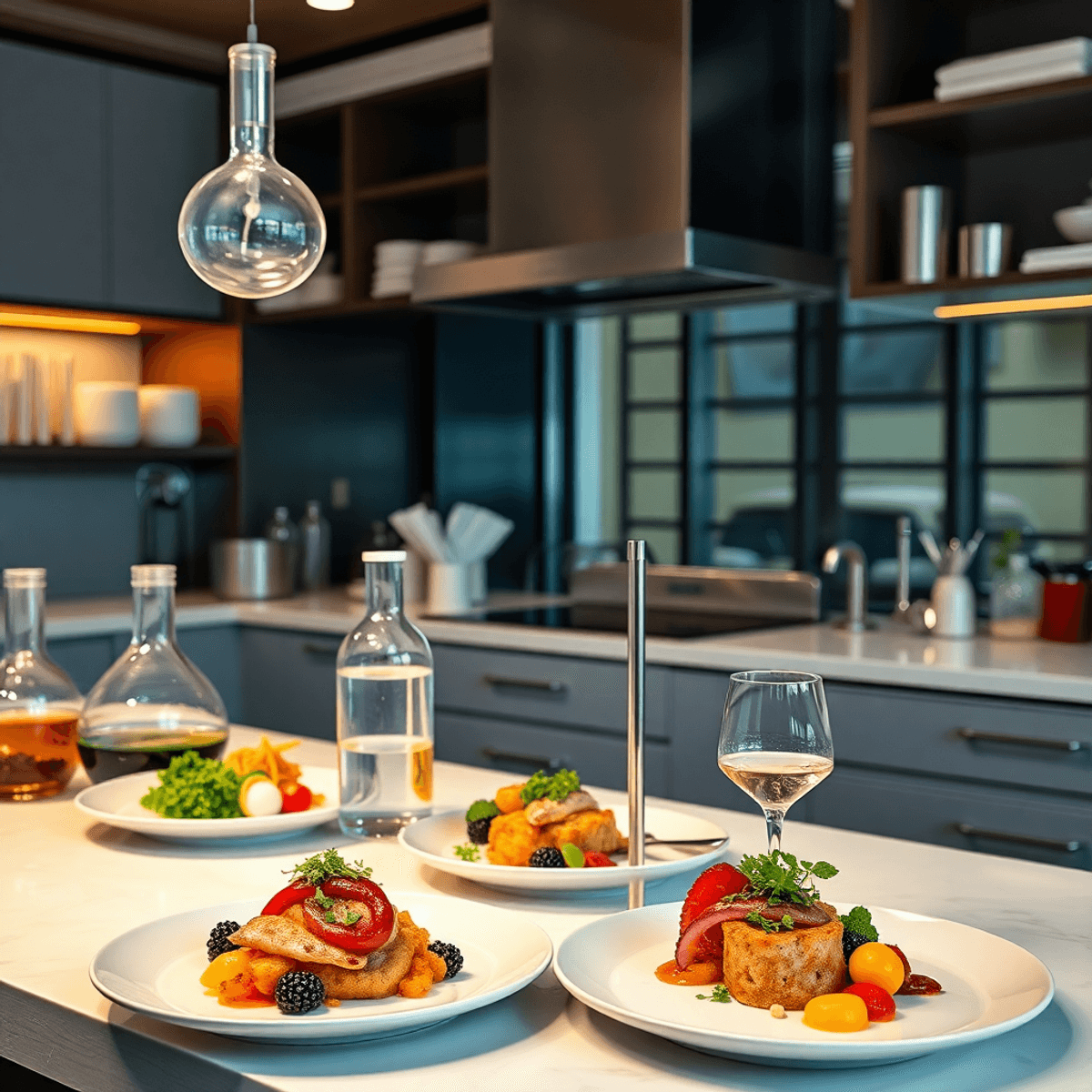 A sleek kitchen with glass beakers and test tubes alongside vibrant, artfully plated gourmet dishes under warm, soft lighting in a modern setting.