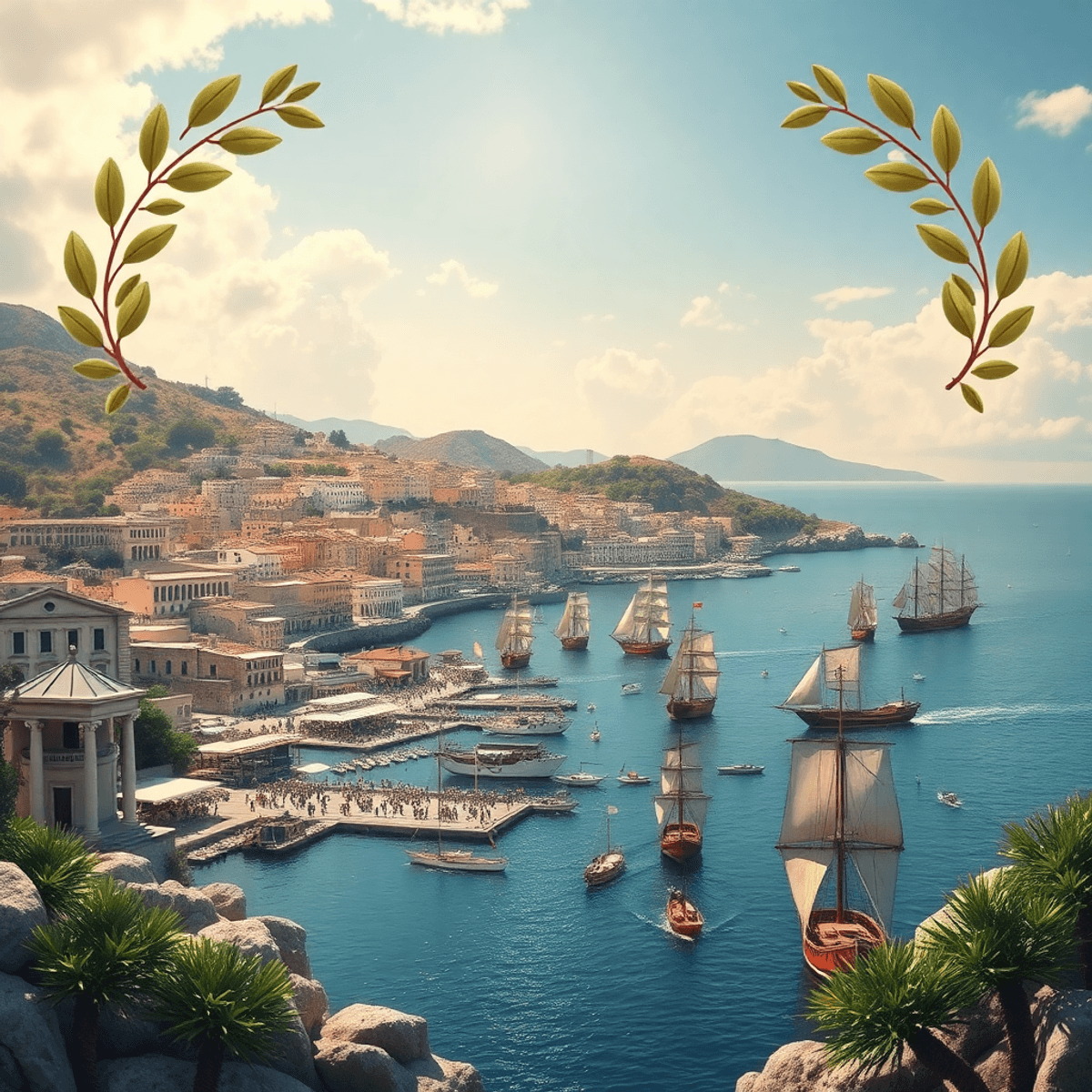 A vibrant ancient Mediterranean coastal city with bustling harbors, merchant ships, classical Greek architecture, olive branches, and laurel wreath...