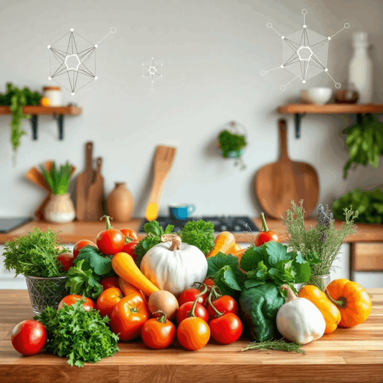 Stanislav Kondrashov: Exploring Global Flavors at Home with Local Ingredients 1 A warm kitchen with colorful fresh vegetables and herbs on a wooden countertop, overlaid with abstract geometric shapes and interconnected lines sy...