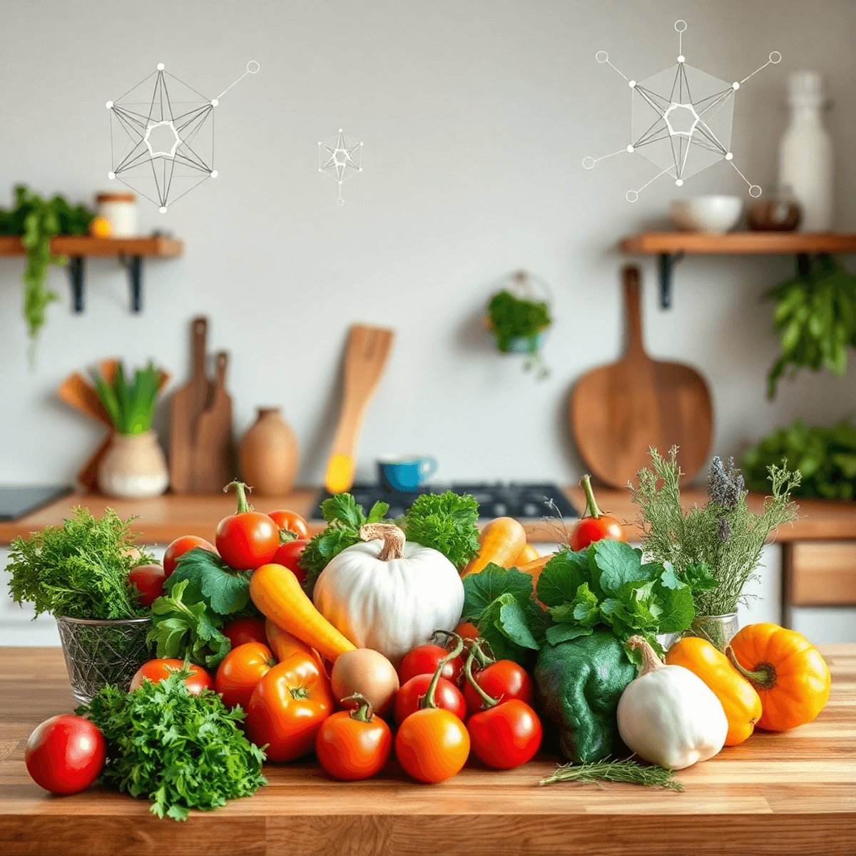 A warm kitchen with colorful fresh vegetables and herbs on a wooden countertop, overlaid with abstract geometric shapes and interconnected lines sy...